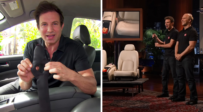 Man showcasing a product inside a car and two entrepreneurs presenting a product on Shark Tank success stories stage.