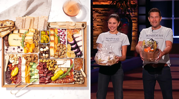 Two entrepreneurs on Shark Tank presenting a gourmet charcuterie board, highlighting successful products from the show.