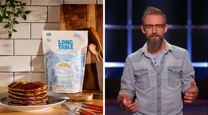 Stack of pancakes next to Long Table Blue Corn mix and entrepreneur pitching a Shark Tank success story product.