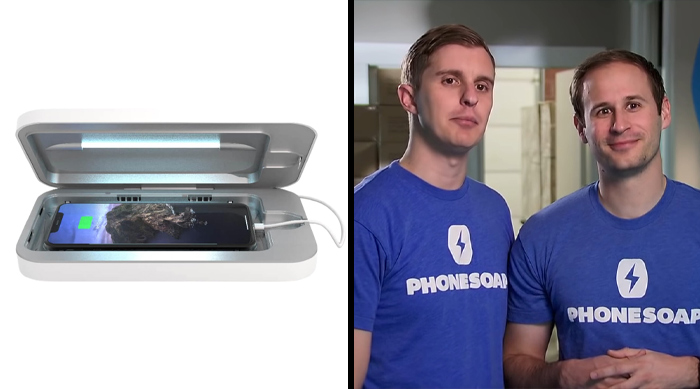 PhoneSoap device sanitizing a smartphone charging inside, with two founders wearing matching PhoneSoap branded shirts, Shark Tank success stories.