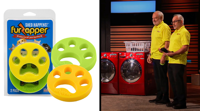 FurZapper pet hair removers displayed next to inventors pitching on Shark Tank, a top Shark Tank success story product.