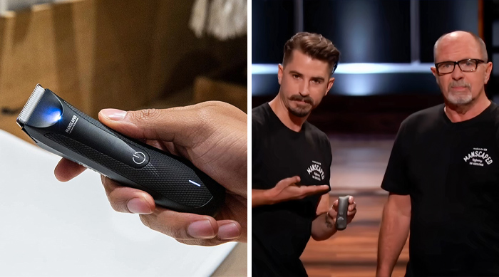 Two men presenting a Manscaped grooming product featured in Shark Tank success stories of unstoppable products.