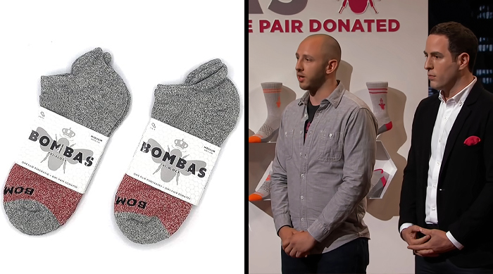 Two men presenting Bombas socks on Shark Tank, showcasing a popular product from Shark Tank success stories.