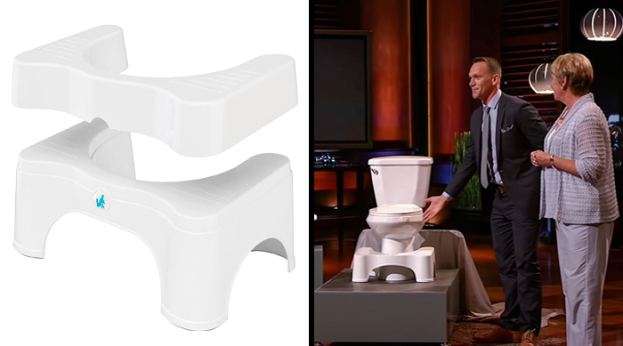 A toilet stool product featured on a Shark Tank set, illustrating Shark Tank success stories with popular products.