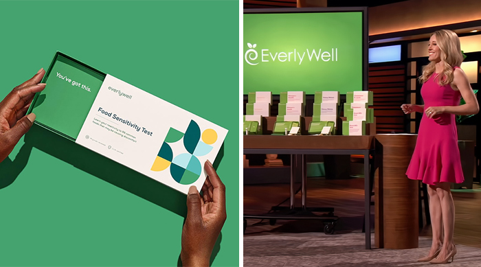 EverlyWell food sensitivity test product held in hands and founder presenting in Shark Tank success stories context