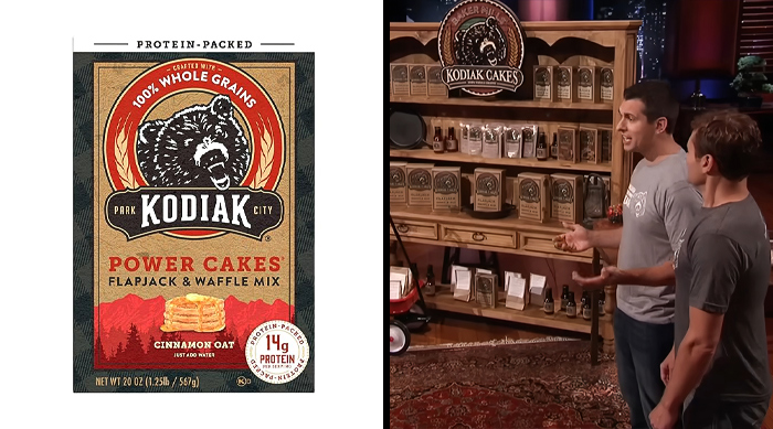 Kodiak Cakes protein-packed pancake mix featured as a popular Shark Tank success story product on display.