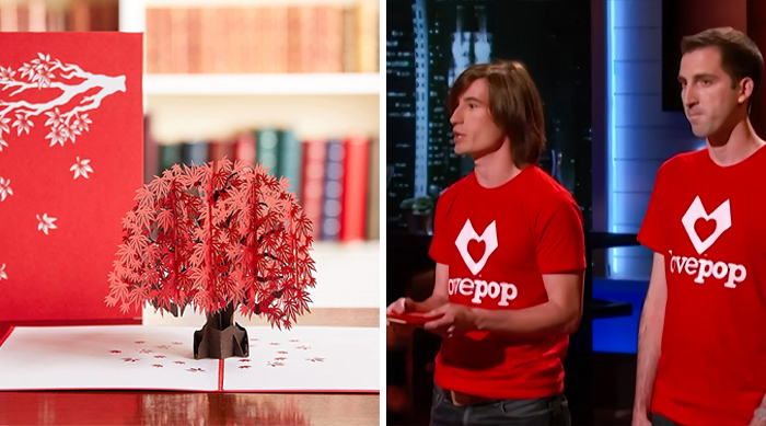 Pop-up card product with red tree design, presented by two entrepreneurs on Shark Tank success stories segment.