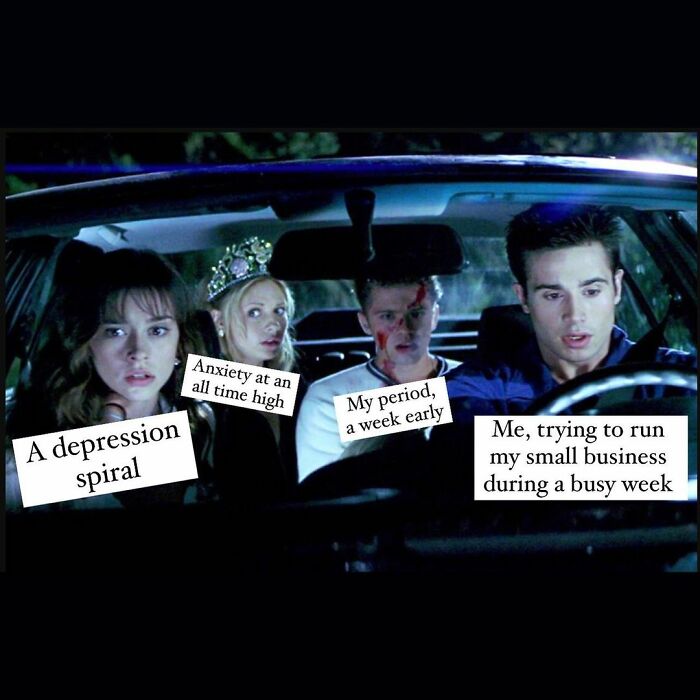 Small biz owner's comic struggles: anxiety, depression, and unexpected challenges depicted humorously in a car scene.