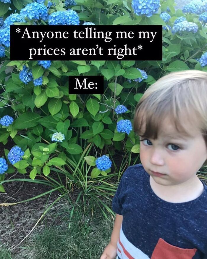 Child standing with a skeptical expression in a garden, illustrating small biz owners' daily troubles humor.