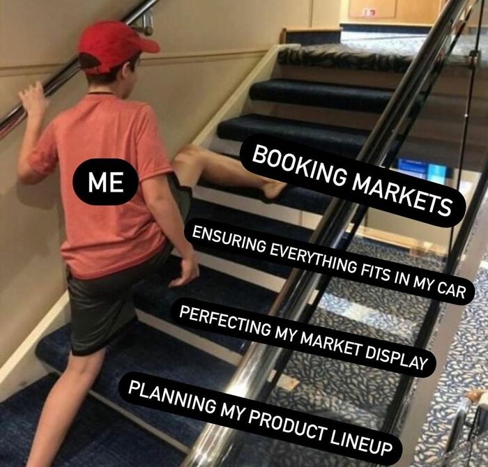 A small business owner struggling humorously with multiple challenges depicted as steps.