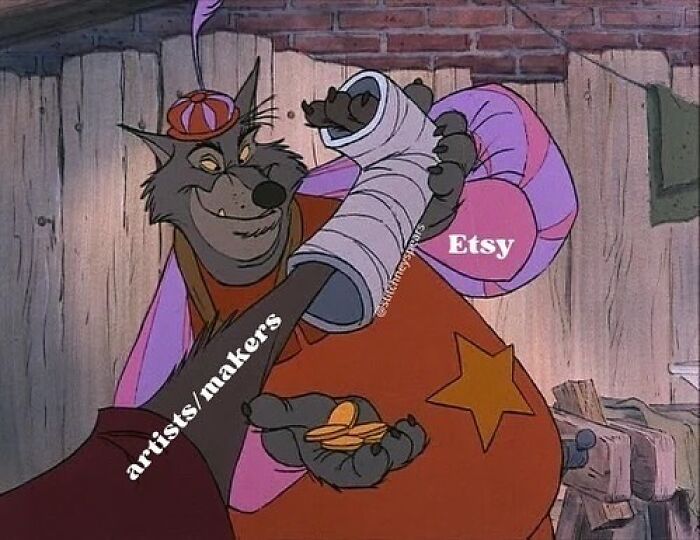 Cartoon wolf labeled "Etsy" taking coins from a character labeled "artists/makers" highlighting small biz owner troubles.