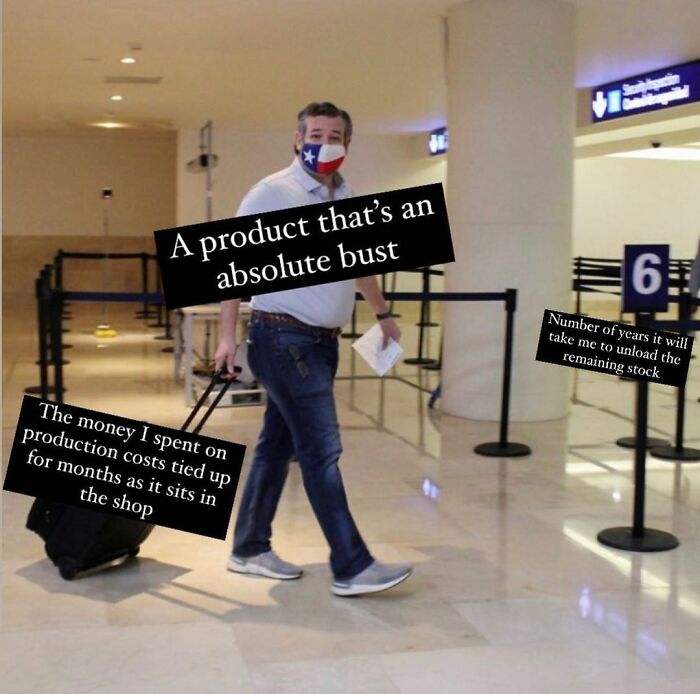 Man with suitcase at airport, humorous captions illustrating small biz owner troubles.