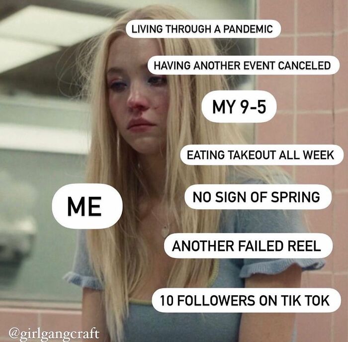 Sad woman surrounded by text bubbles depicting daily struggles of small business owners.