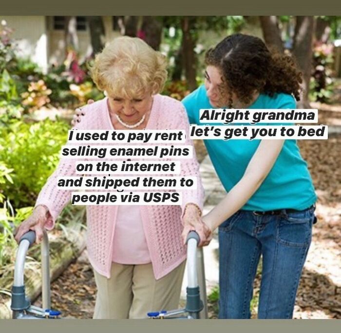 Two women walking outdoors with a meme about the struggles of small business owners selling enamel pins.