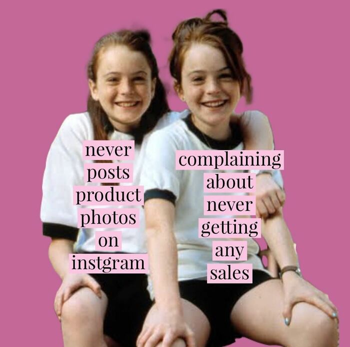 Two identical smiling girls in matching outfits with text about small biz owner struggles with Instagram sales.