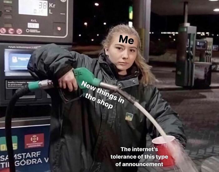 Small biz owner humor: Woman at gas pump pouring fuel into cup with text labels reflecting daily business struggles.