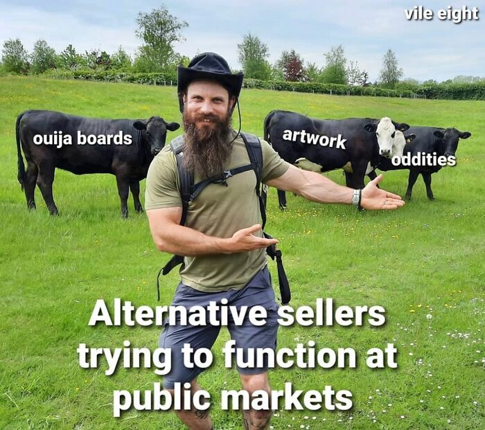 Man in field with cows labeled as ouija boards, artwork, and oddities, humorously depicting small biz troubles.