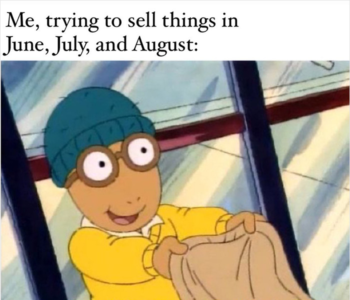 Cartoon character holding a sack, humorously depicting small biz owners' struggles in summer months.