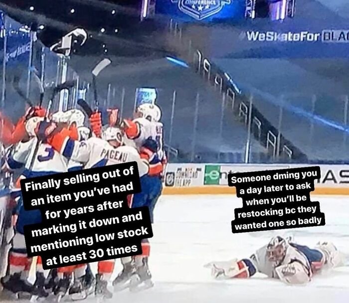 Hockey players celebrating with small business owner meme text overlaying, humorously highlighting stock challenges.