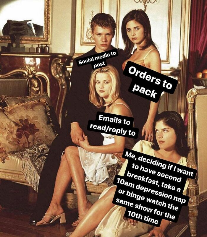 Four people sit in a vintage room labelled with small biz owner troubles like social media, emails, and orders.