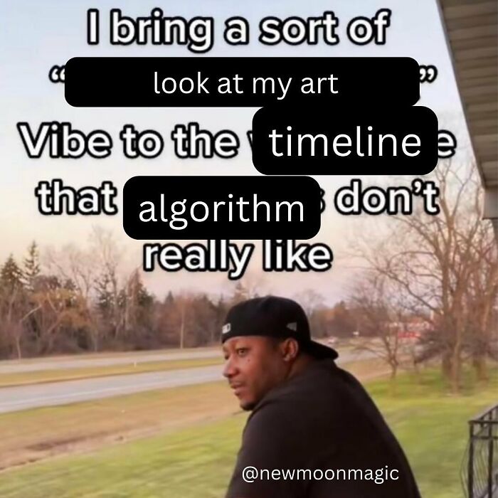 Man staring into the distance, humorous text about small biz owners and algorithms layered above.