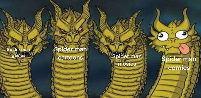 Four-headed dragon meme labeling various Spiderman media: games, cartoons, movies, and comics.