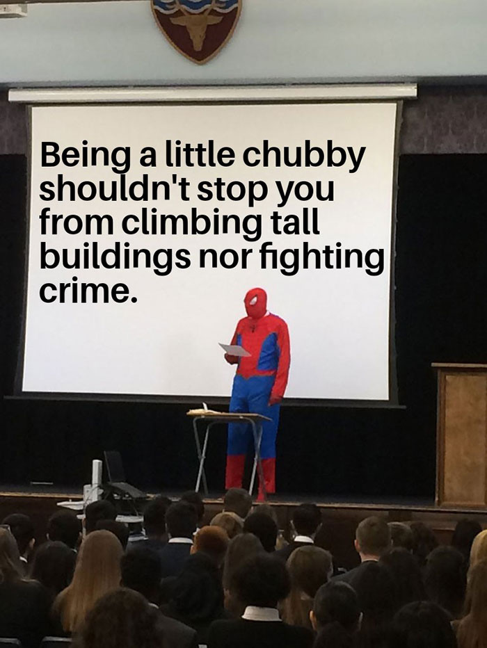 Spiderman meme showing a speech on stage, encouraging humorously despite not being fit, targeting meme enthusiasts.