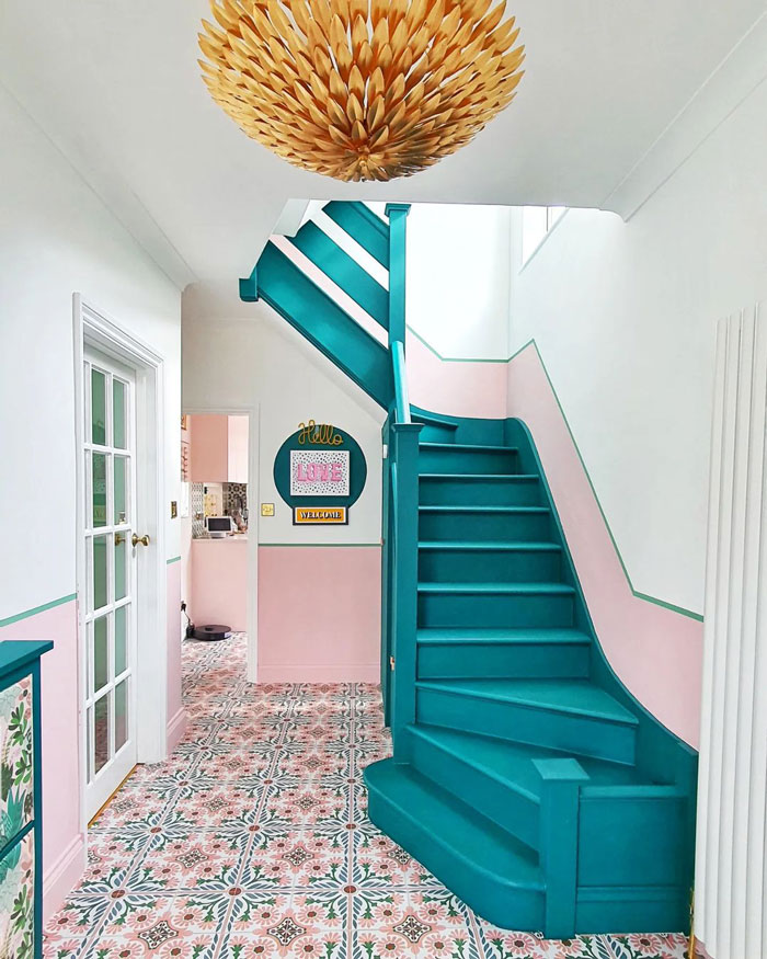 turquoise colored staircase