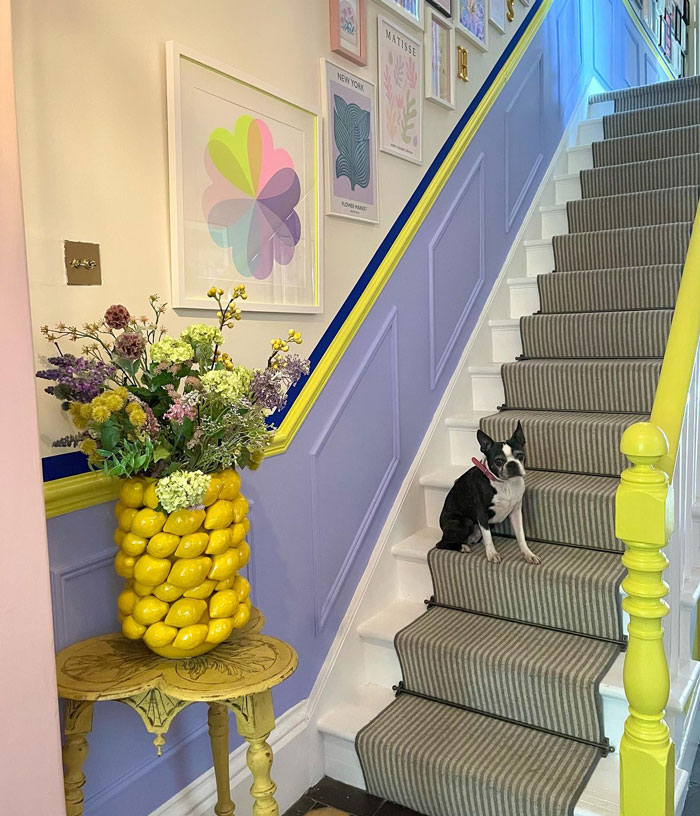stairs with carpet on it, blue and yellow colored railings and wall art beside