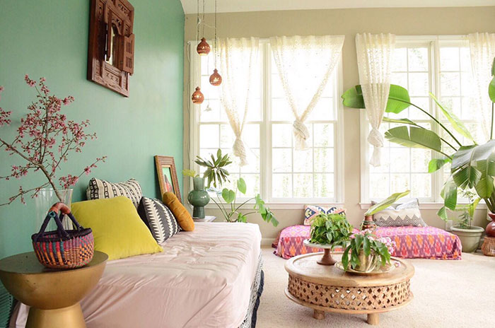 Green Sunroom with sheer curtains Green Sunroom with sheer curtains