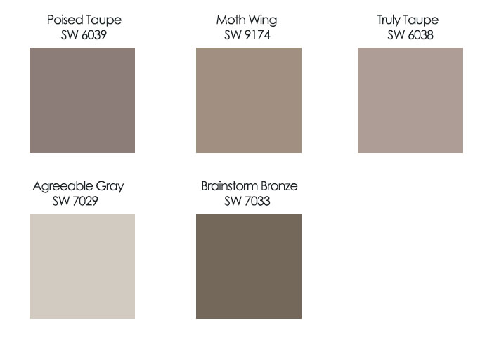 Taupe color palette featuring Poised Taupe, Moth Wing, Truly Taupe, Agreeable Gray, and Brainstorm Bronze swatches. Taupe color palette featuring Poised Taupe, Moth Wing, Truly Taupe, Agreeable Gray, and Brainstorm Bronze swatches.