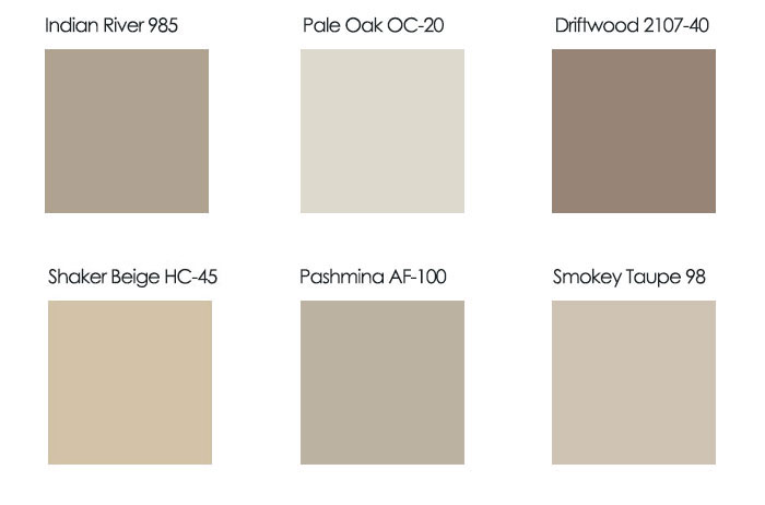 Taupe color palette featuring six shades: Indian River, Pale Oak, Driftwood, Shaker Beige, Pashmina, Smokey Taupe. Taupe color palette featuring six shades: Indian River, Pale Oak, Driftwood, Shaker Beige, Pashmina, Smokey Taupe.