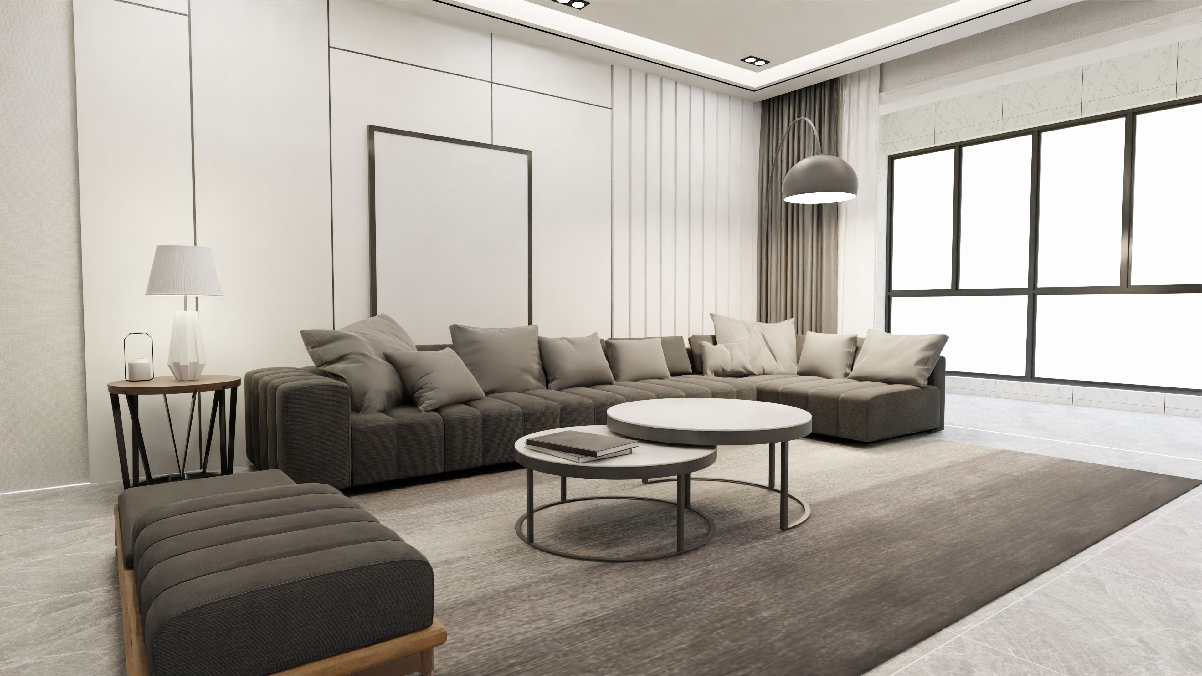 Modern living room with taupe sofa and decor, featuring a minimalist coffee table and neutral accents.