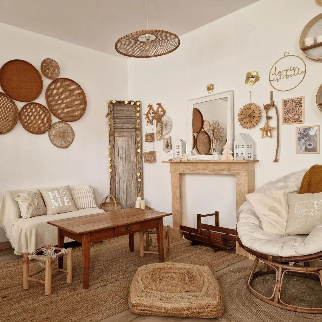 Cozy interior with taupe accents, including a wooden table, woven decor, and neutral furnishings, creating a calm atmosphere.