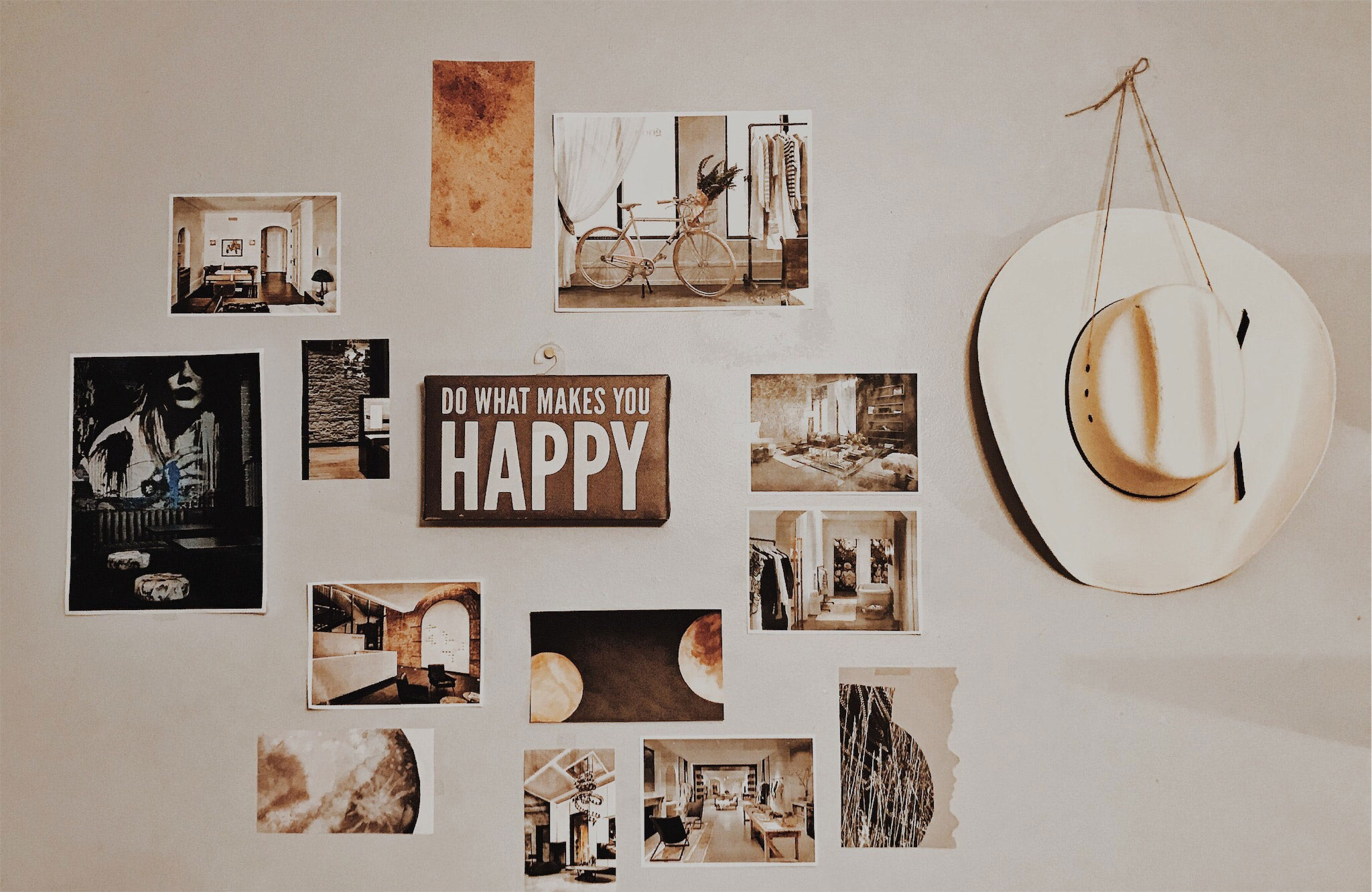 Wall collage featuring taupe decor inspirations and a cowboy hat. Wall collage featuring taupe decor inspirations and a cowboy hat.
