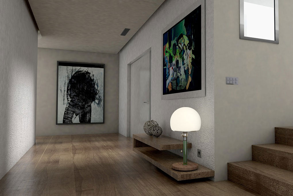 Taupe-colored hallway with modern art and a lamp on a floating shelf.