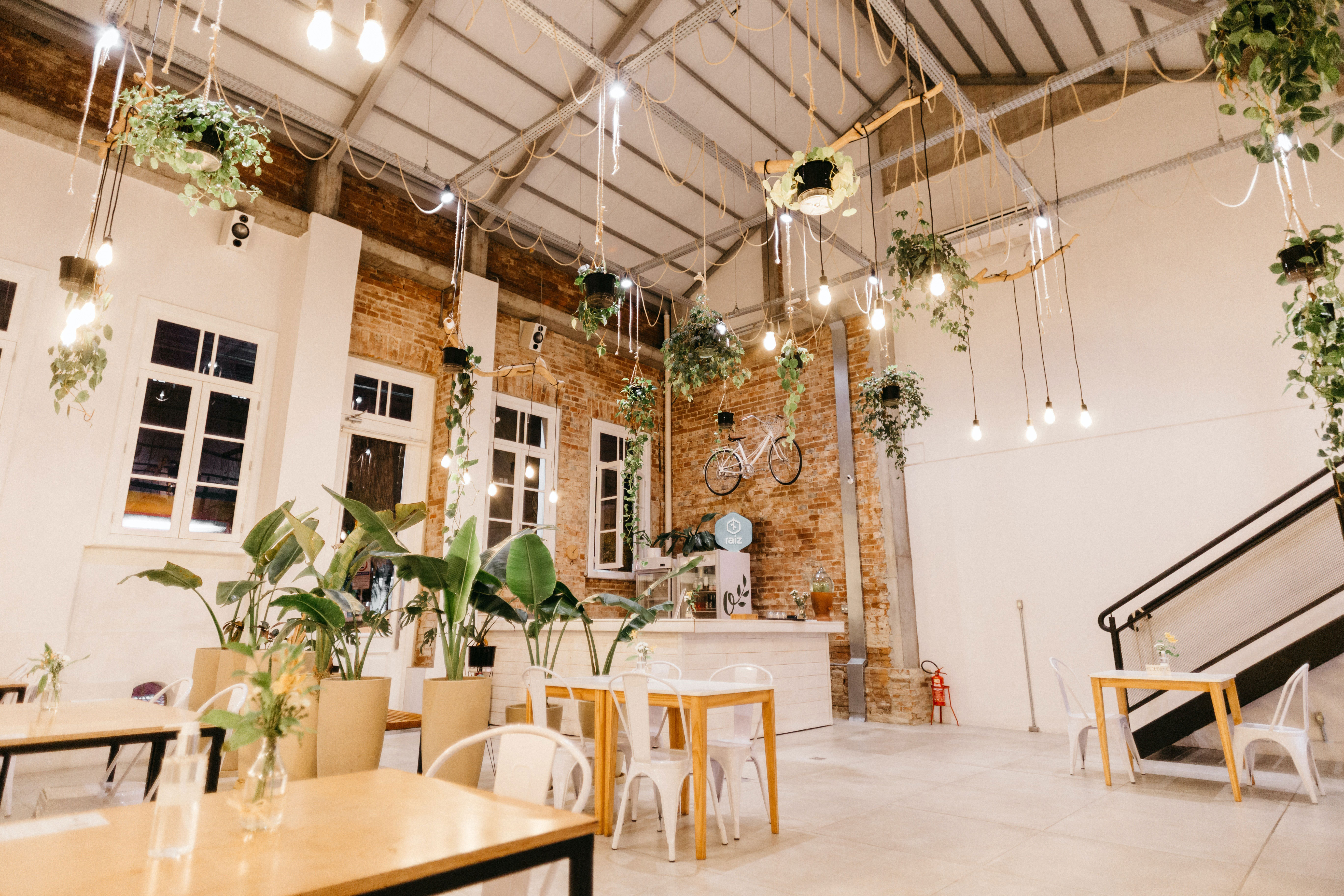 Trendy caf&eacute; interior with hanging plants and taupe tones, featuring brick walls, a bicycle, and modern lighting.