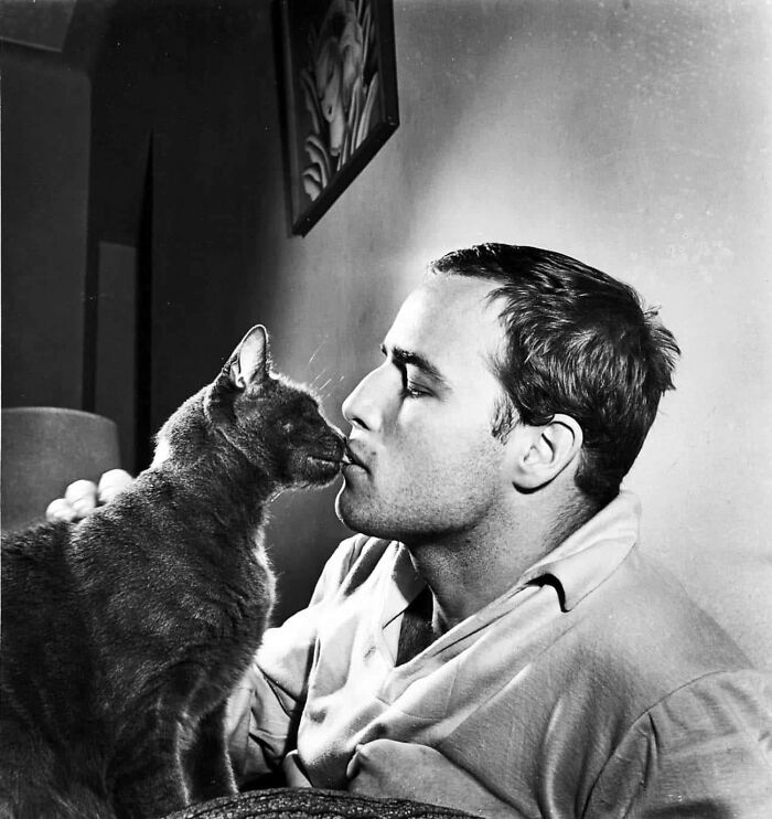 Black and white historical photo of a man gently kissing a cat indoors, showcasing a tender moment with a pet.