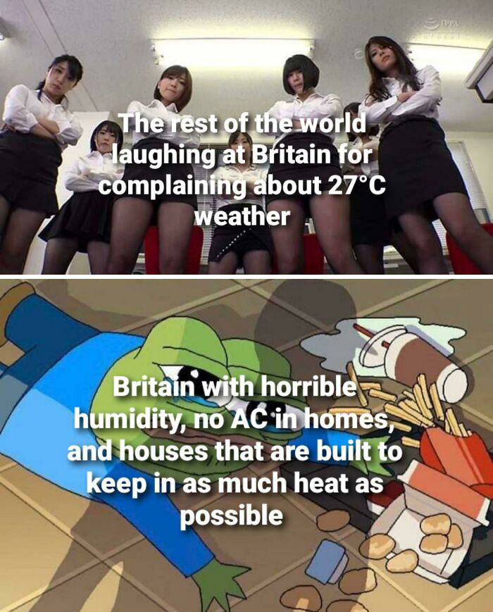 England weather meme showing reactions to Britain's heat complaints; a humorous take on 27°C weather concerns.