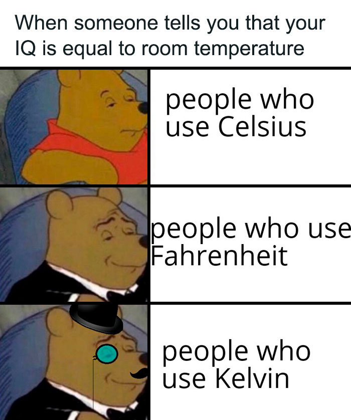 Winnie The Pooh meme about temperature, comparing Celsius, Fahrenheit, and Kelvin users, part of weather memes collection.