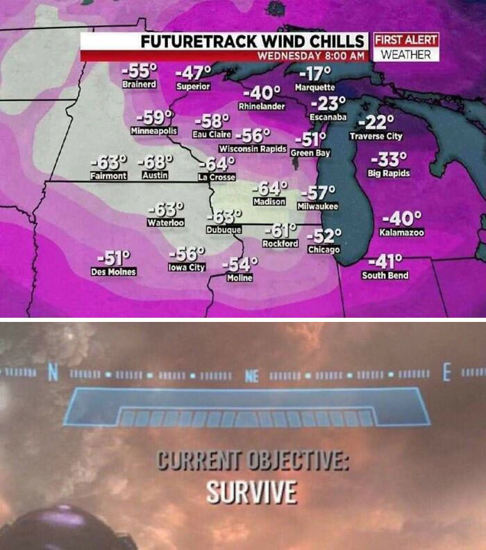 Weather memes depicted in a TV report, showcasing extreme wind chills with a humorous "Survive" objective.