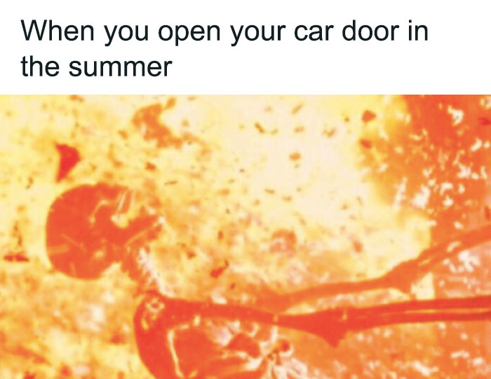 "Summer weather meme featuring a skeleton engulfed in flames, captioned 'When you open your car door in the summer.'"