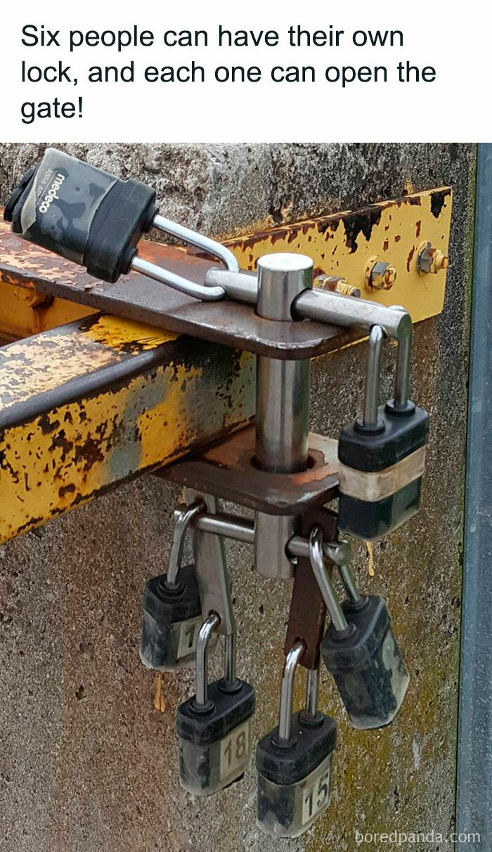 Engineering meme showing multiple locks connected in a clever setup to open a gate.