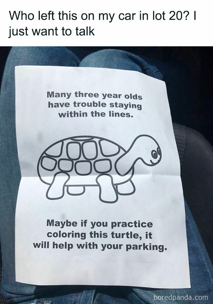 Humorous engineering meme: parking advice note with a turtle coloring page.