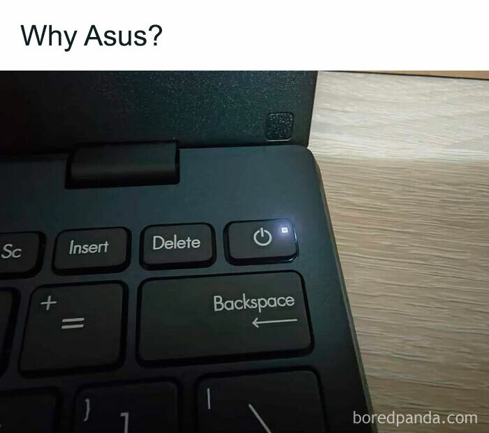 Keyboard with power button next to backspace key, showcasing a hilarious engineering meme.