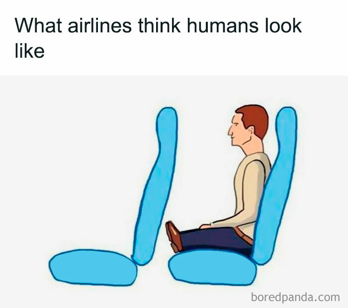 Cartoon of a person sitting in airline seats with inadequate legroom, highlighting a common humorous engineering meme.