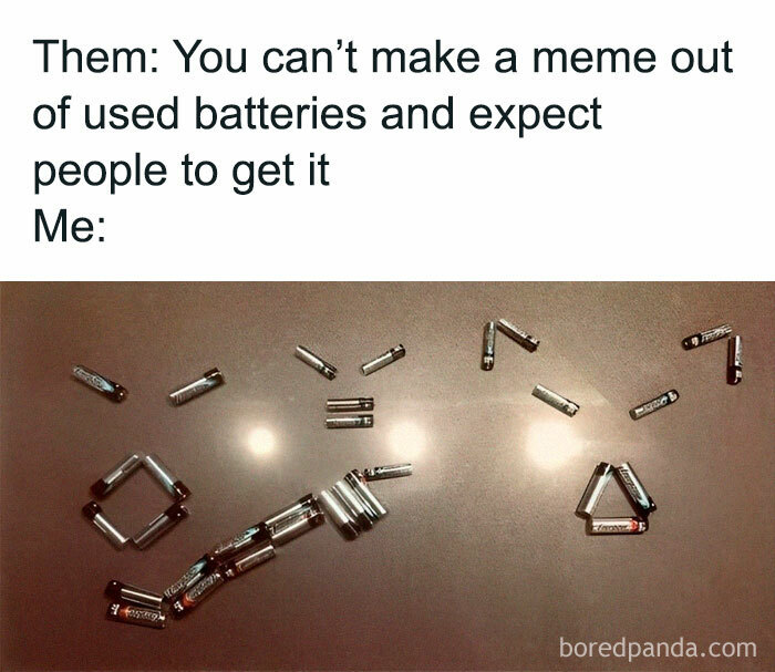 Used batteries arranged humorously to form a meme text reply, fitting engineering memes theme.