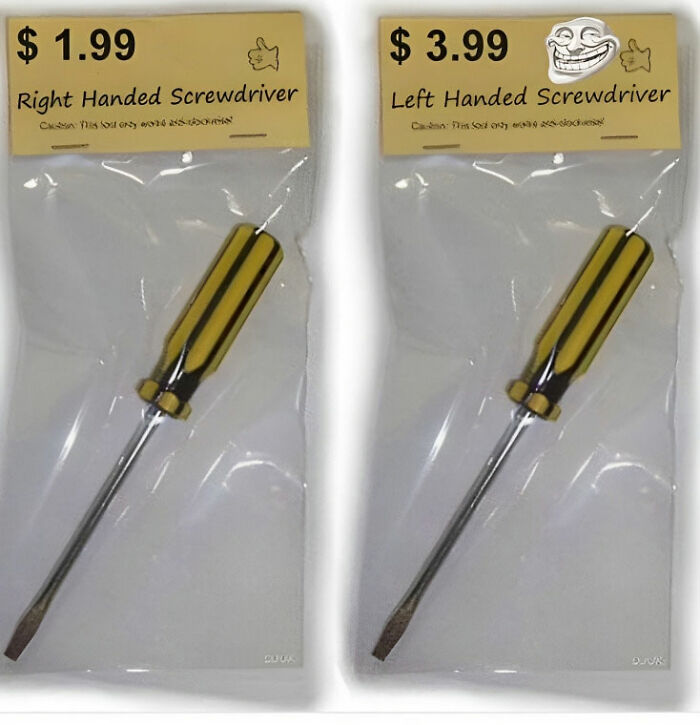 Two packaged screwdrivers labeled as "right-handed" and "left-handed," illustrating a funny engineering meme.