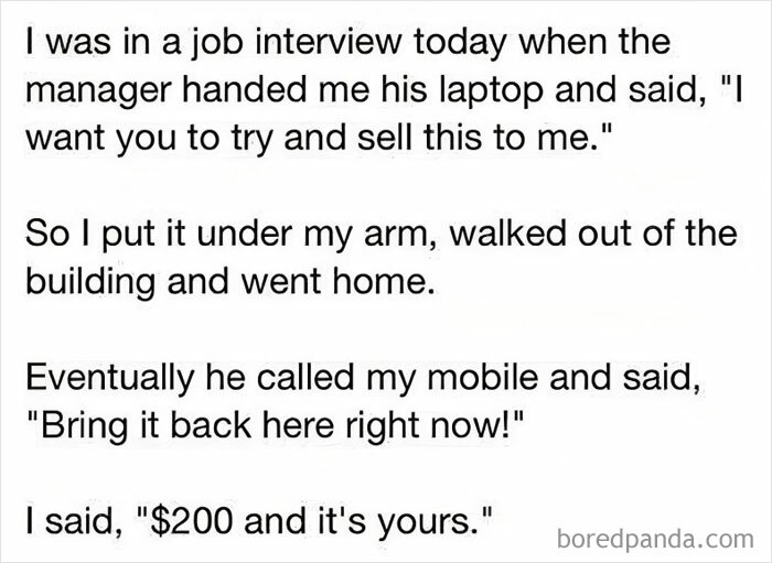 Humorous engineering meme about a job interview mishap involving a manager's laptop sale prank.