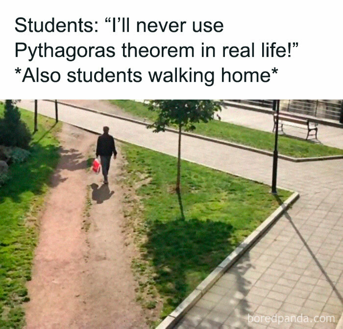 Student taking a shortcut on grass path, illustrating a funny engineering meme about Pythagoras' theorem use in real life.